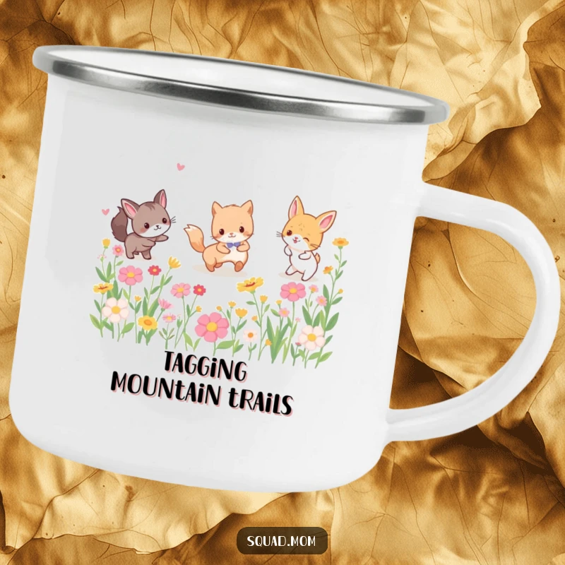 Funny camping mug with a group of playful animal friends playing tag amidst a vibrant flower field, ideal for outdoor drinks and cheerful moments.