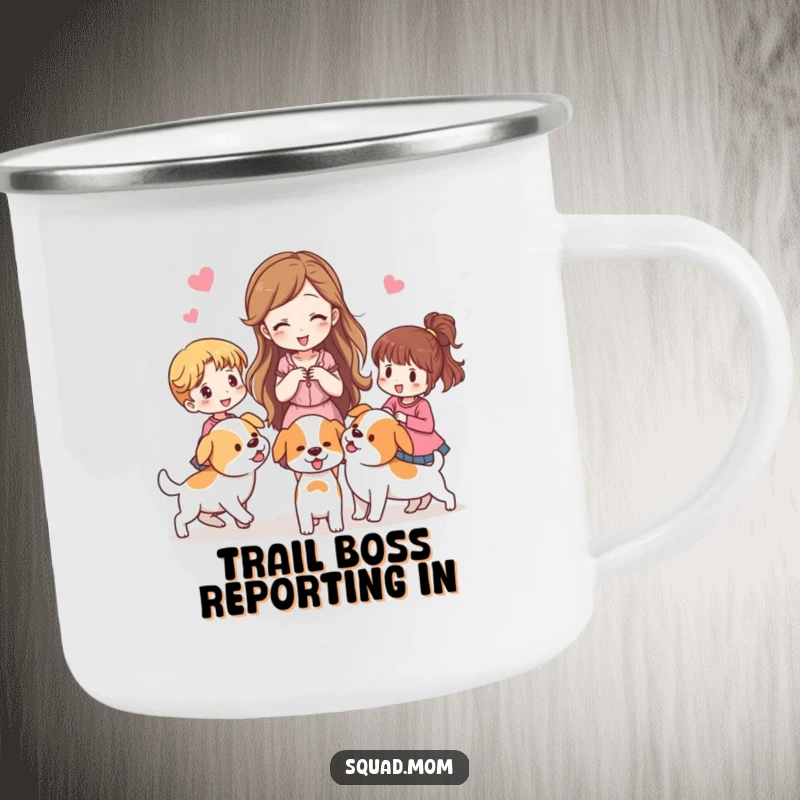 Funny camping mug showing a woman herding other women like puppies, ideal for outdoor groups.