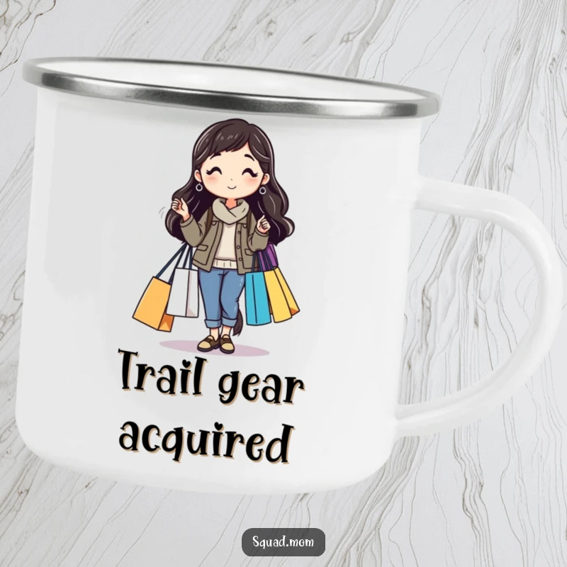 Funny camping mug featuring a mom friend with multiple shopping bags, perfect for outdoor enjoyment with a humorous shopping theme, a durable funny gift.