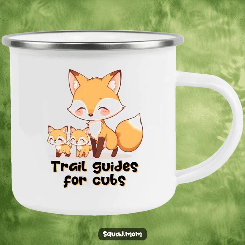 Funny camping mug with a mother fox leading her little kits, perfect for outdoor drinks with a charming nature-inspired theme.