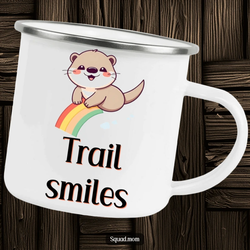Funny Otter Rainbow Camping Mug: A happy otter slides down a rainbow, ready for adventure.