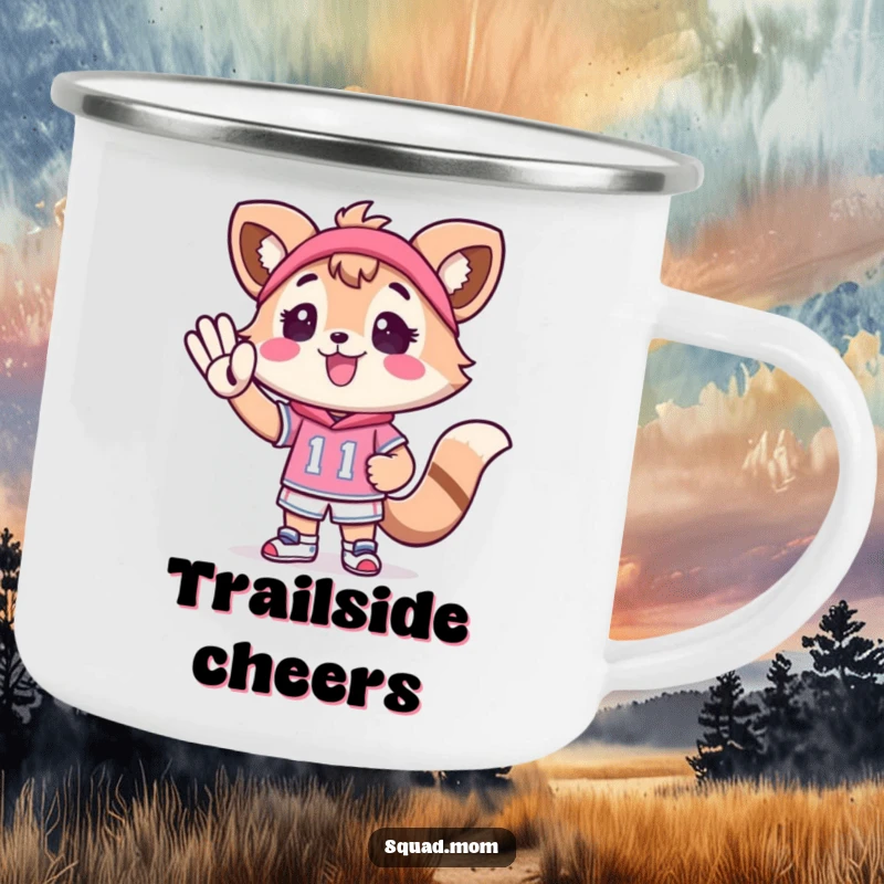 Funny Kawaii Mom Friend Camping Mug: A cute animal character cheering for a tiny athlete brings enthusiastic vibes to your camp.
