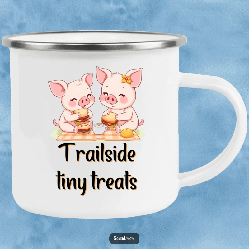 Funny camping mug illustration of a piglet mom and baby enjoying a picnic with tiny sandwiches outdoors, a humorous gift.