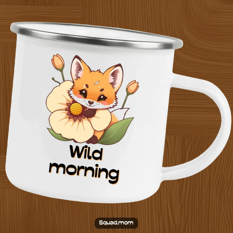 Funny Fox Cub Camping Mug: A playful cub peeks from behind a flower, perfect for outdoor fun.