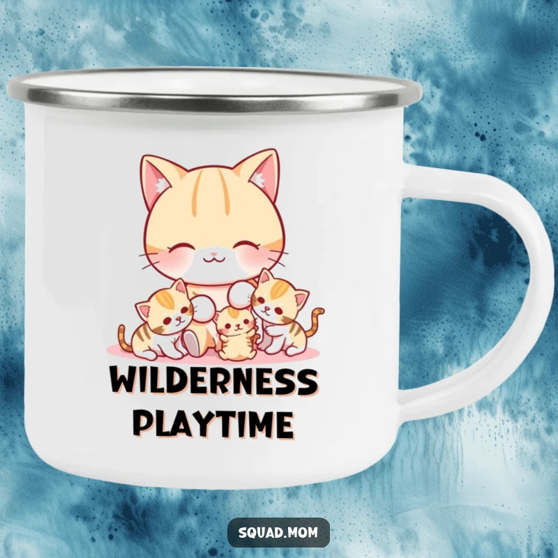 Funny cat mom playing with her kittens, a durable camping mug for outdoor adventures.