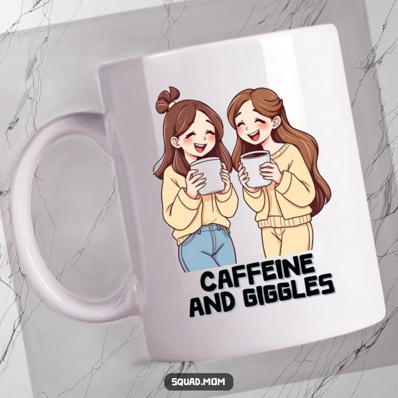 Funny mug illustrating two women holding giant coffee cups, sharing a hearty laugh together, celebrating friendship and caffeine.