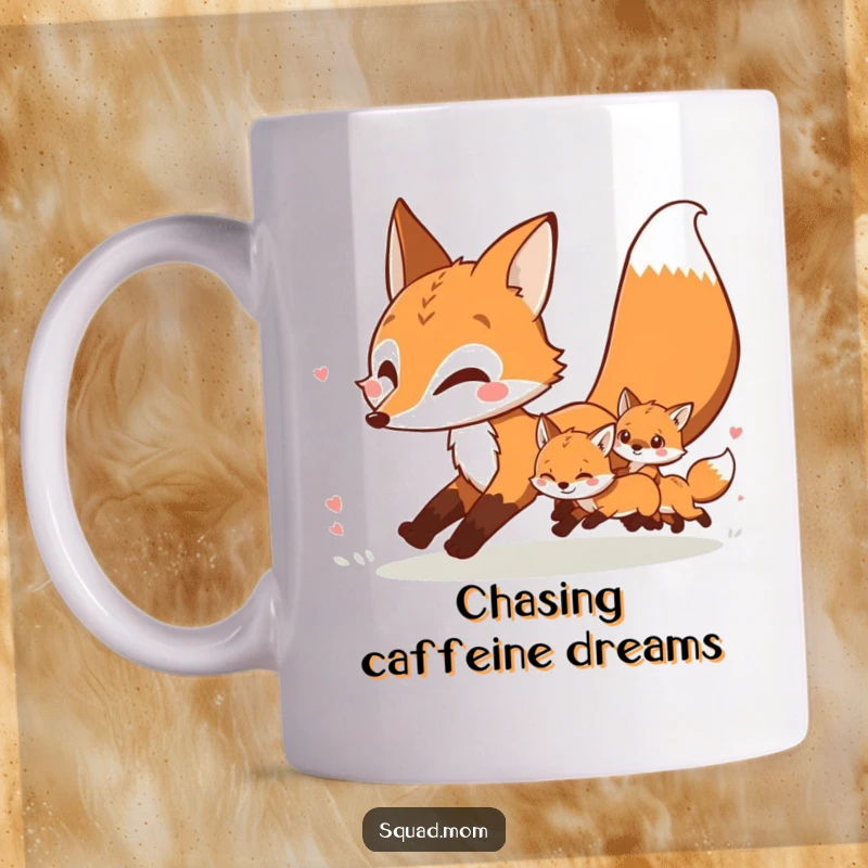 Funny fox mother leading her kits in a playful chase, depicted on a mug for heartwarming humor.