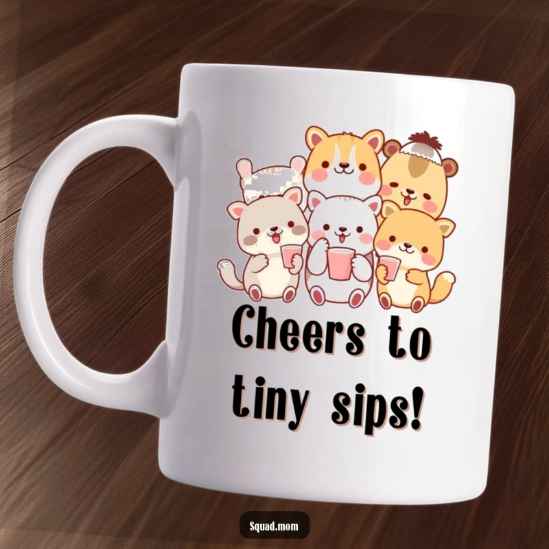 Funny mug depicting a cheerful group of diverse animal friends raising small cups in a toast, celebrating friendship and fun.