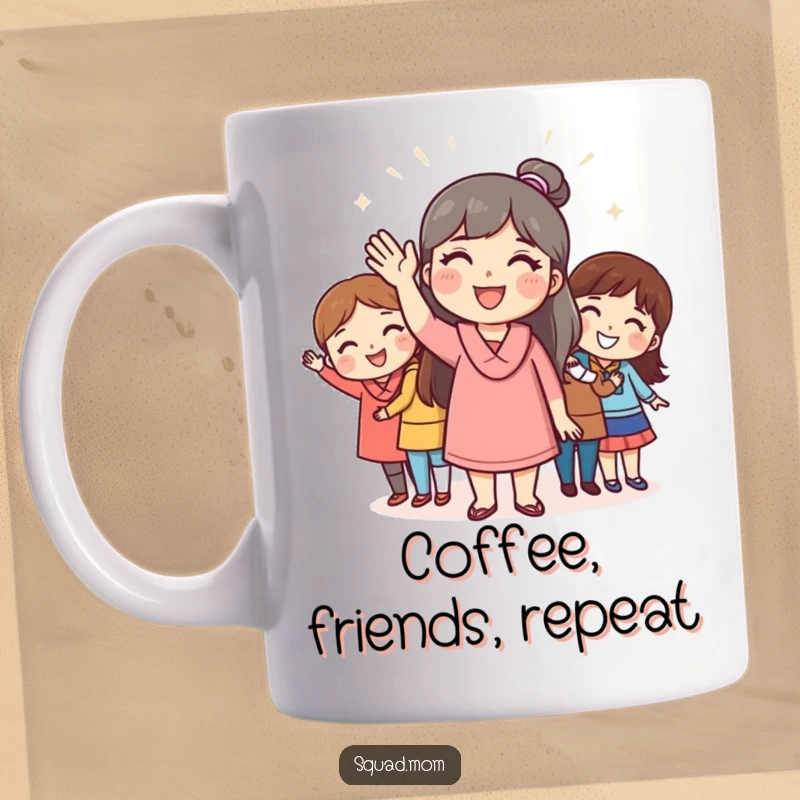 Funny mug featuring a mom friend cheerfully waving to a group of friends, radiating warmth and camaraderie for a great funny gift.