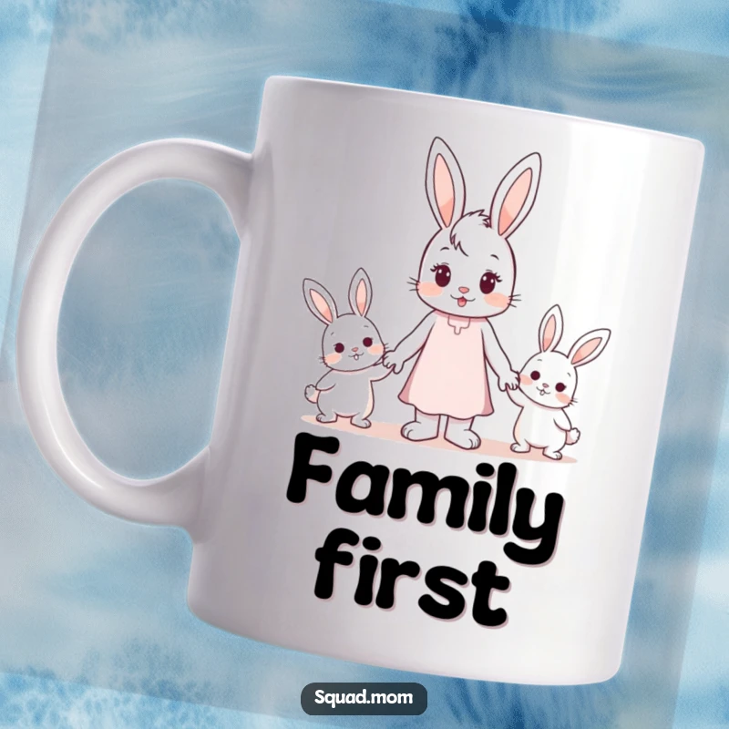 Funny Family Mug: A gentle bunny mom character holding the tiny paws of two adorable baby bunnies.