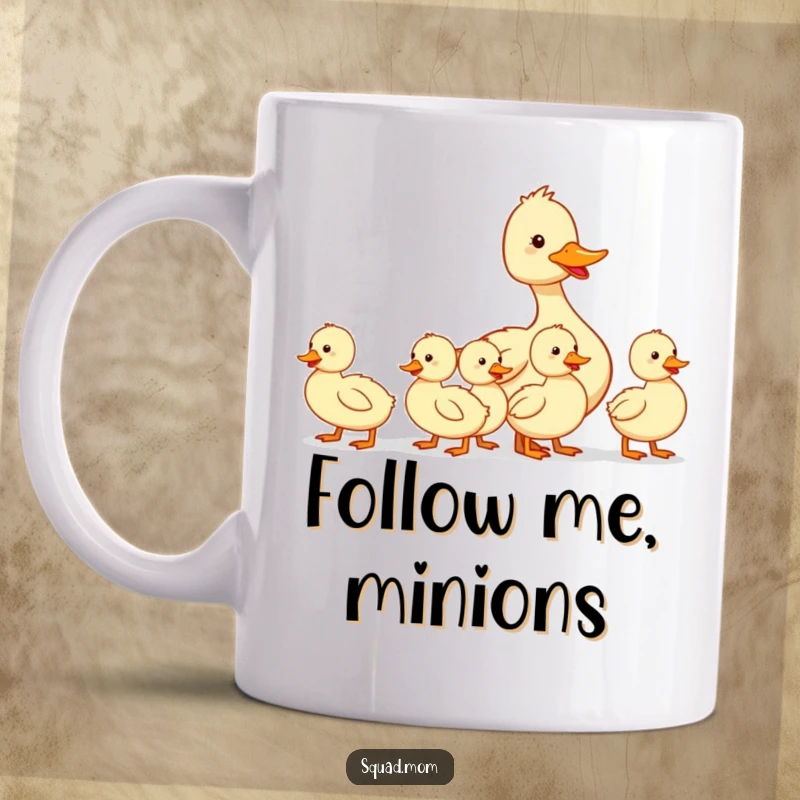 Funny mug featuring a mother duck and her ducklings marching in a perfect line, showcasing family togetherness and a touch of humor.