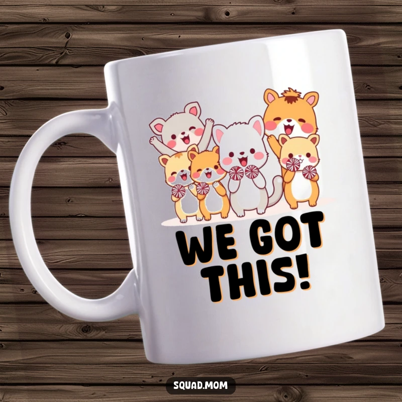 Funny mug with a group of happy animal friends enthusiastically cheering with small, colorful pom-poms, radiating pure joy and friendship.