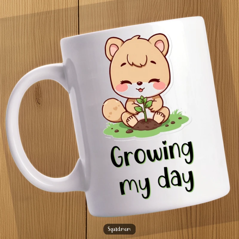 Funny mug showing a happy animal mom character gently planting a very small seed in the soil, symbolizing care and new life.