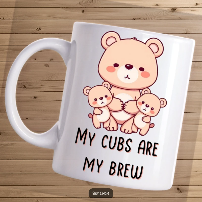 Funny mug featuring a loving bear mom character holding hands with her two cute cubs, symbolizing strong family bonds and warmth.