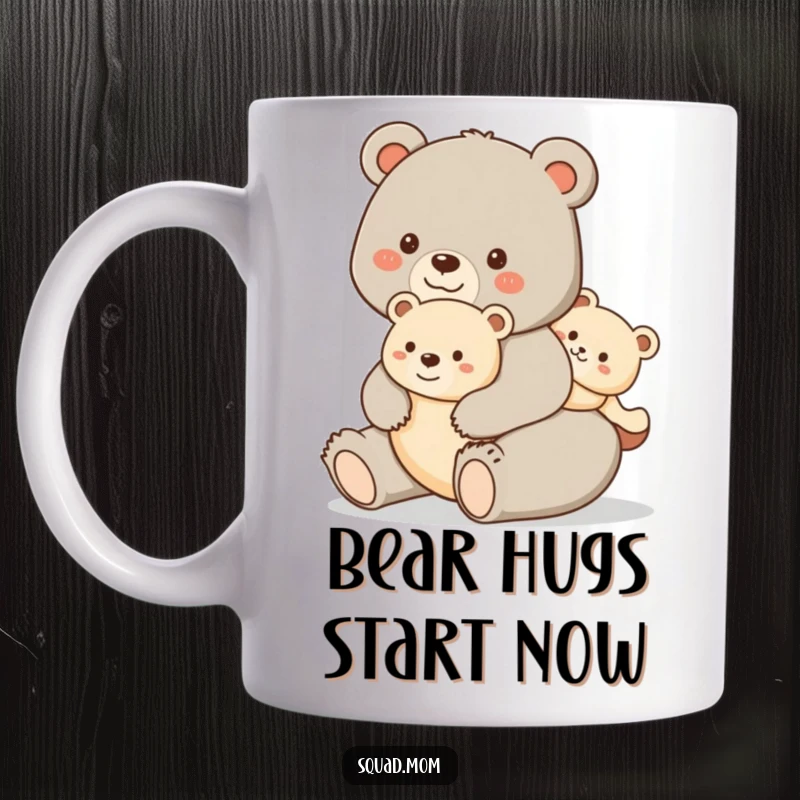 Funny mug showing a happy bear mom giving her cub a piggyback ride, conveying warmth, joy, and playful parenting.