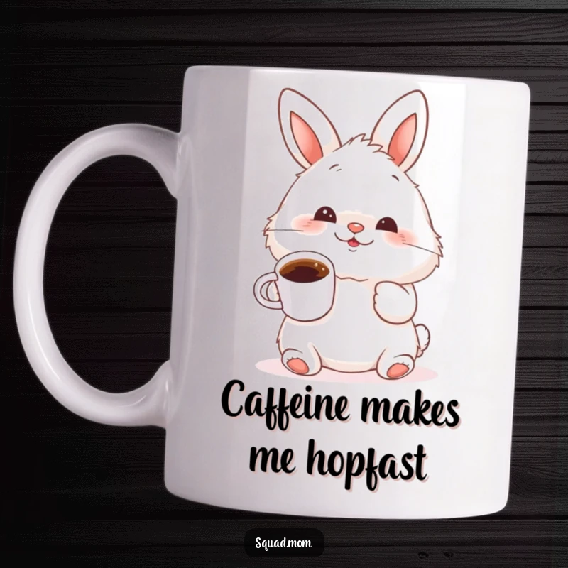 Funny fluffy bunny wiggling its nose and holding a tiny coffee cup, an adorable creature depicted on a humorous mug.