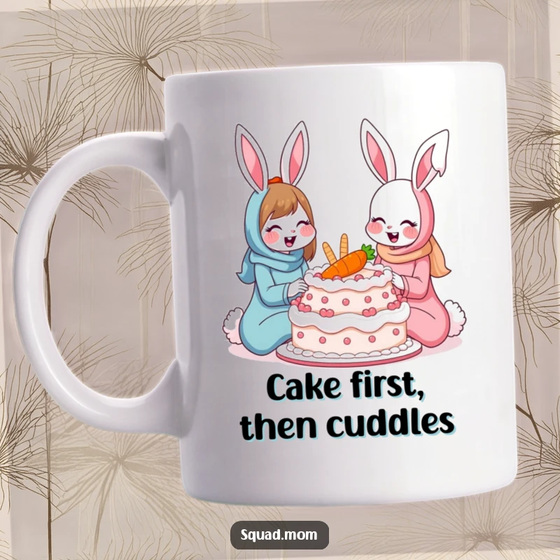 Funny bunny moms mug showing two smiling rabbits sharing a giant carrot cake, perfect for celebrating friendship and baking.