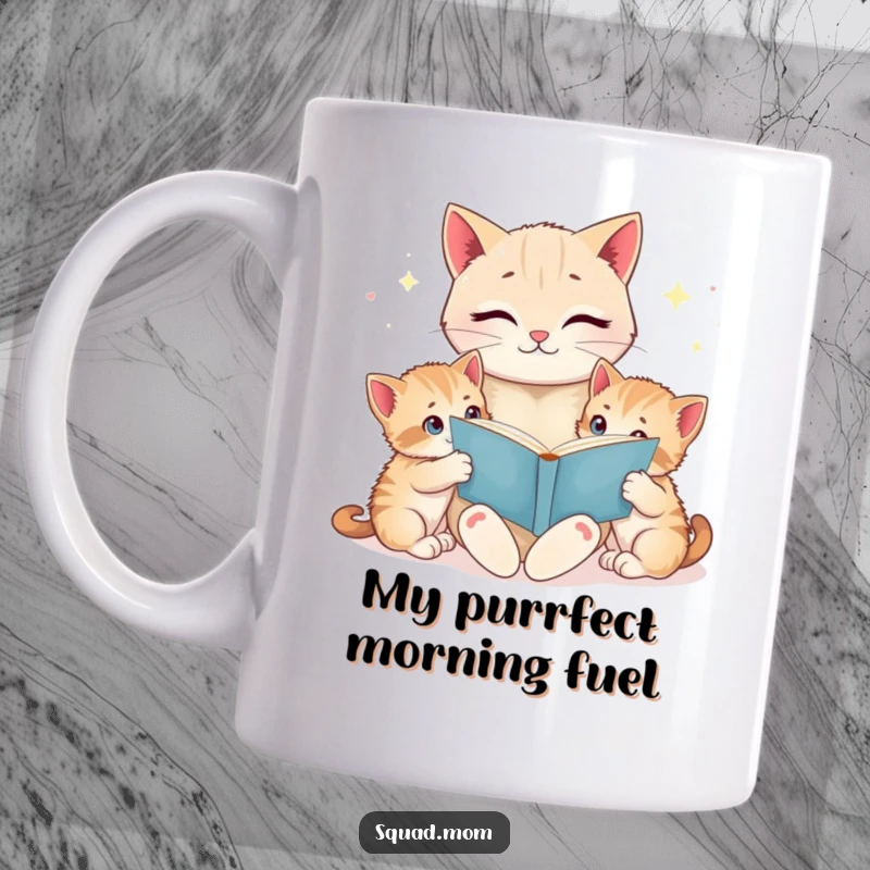 Funny cat mom reading a bedtime story to her wide-eyed kittens on a mug, showcasing a heartwarming and humorous parenting moment.