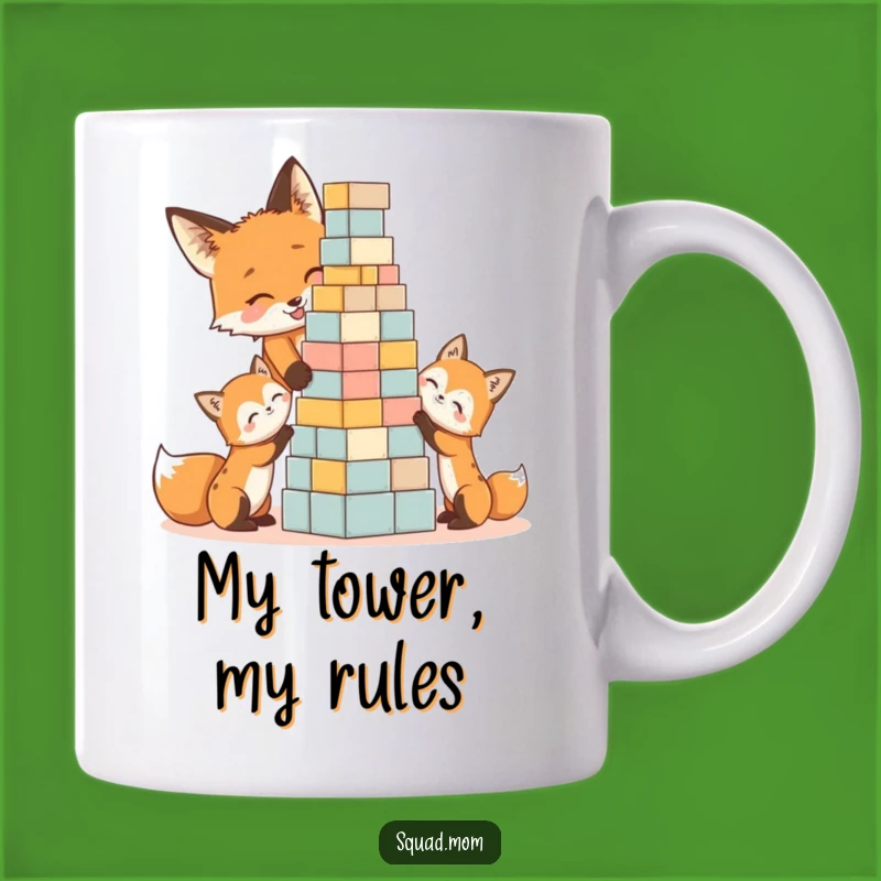 Funny Fox Family Mug: Adorable Mom & Kits Building Tower, Perfect Gift Idea