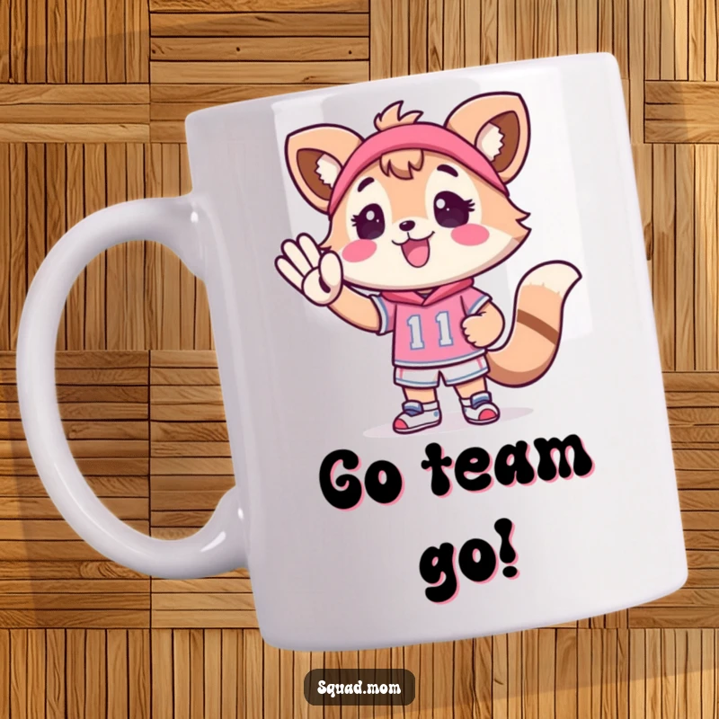 Funny Kawaii Mom Friend Mug: A cute animal character cheerleads enthusiastically for a tiny athlete, embodying supportive friendship.