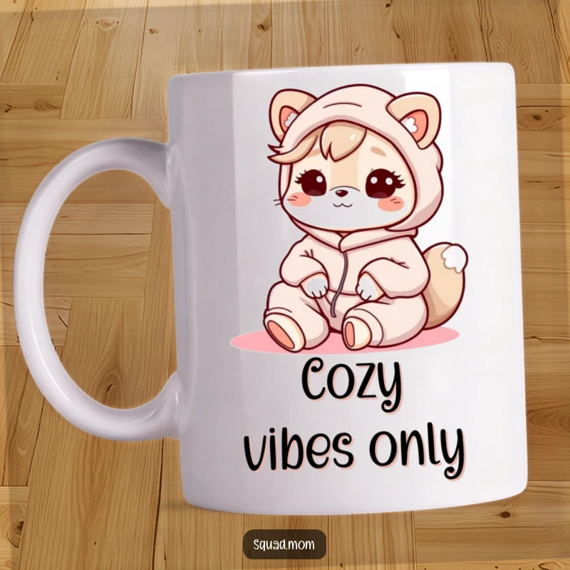 Funny Kawaii Mom Friend Mug: A cute animal character in comfy lounge clothes embodies relaxed mom vibes, perfect for a cozy morning.
