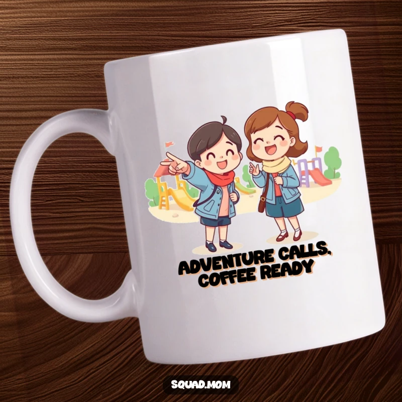 Funny mug showing a mom friend pointing excitedly towards a playground, embodying pure joy and anticipation for outdoor play, a great funny gift.