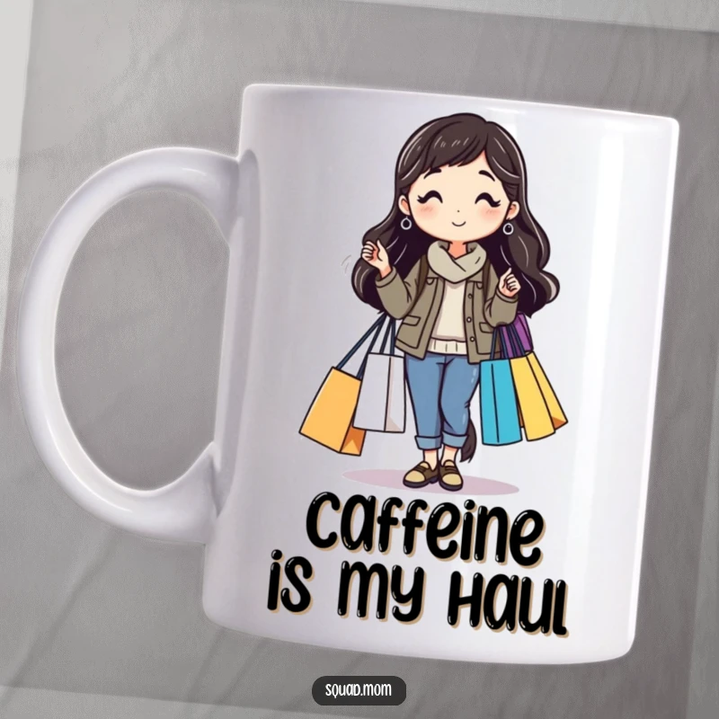 Funny mug depicting a mom friend carrying multiple shopping bags, representing a successful shopping spree and retail therapy humor, a great funny gift.