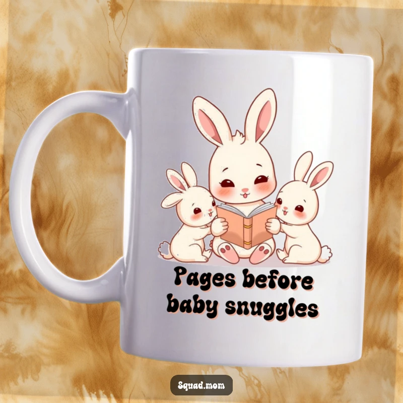 Funny rabbit mom character reading a bedtime story to her adorable babies, a heartwarming scene on this mug.