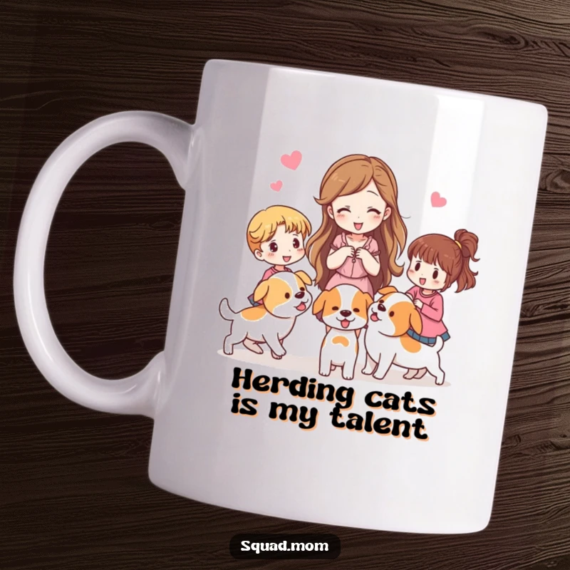 Funny mug showing a woman playfully herding other women like puppies, highlighting playful leadership.