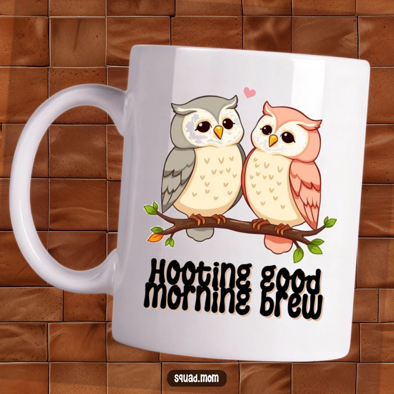 Funny owl moms sharing secrets and gossip while perched on a branch, depicted on a mug, showing a humorous and wise moment.