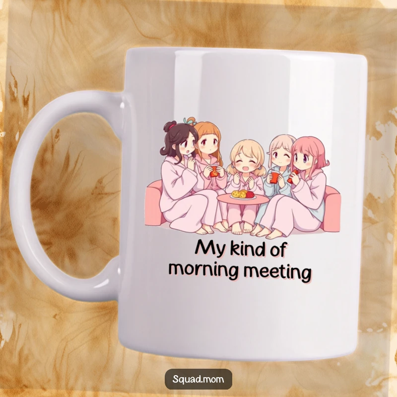 Funny mug featuring women in pajamas happily sharing snacks, perfect for cozy friend gatherings and lazy mornings.