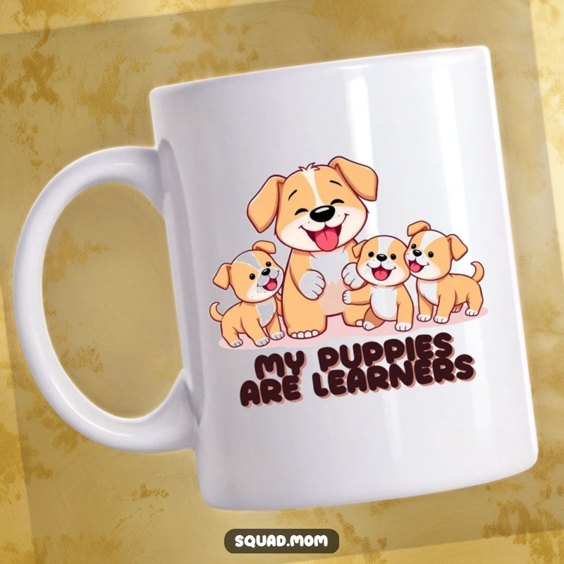 Funny Dog Mom Mug featuring a determined mother dog enthusiastically teaching her playful puppies the art of fetching, a moment of hilarious training.