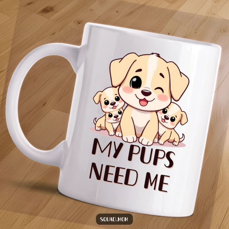 Funny mug showcasing a loving dog mom character overwhelmed with affection by a pack of playful, cute puppies. Perfect gift.
