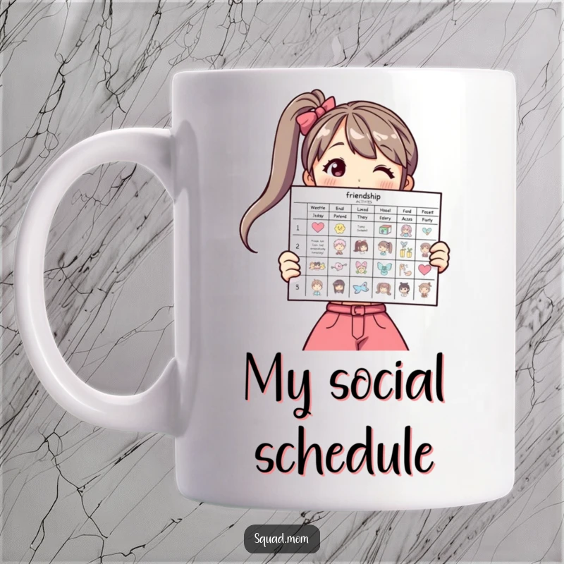 Funny mug showing a woman proudly displaying a chart of friendship activities, ideal for planners.