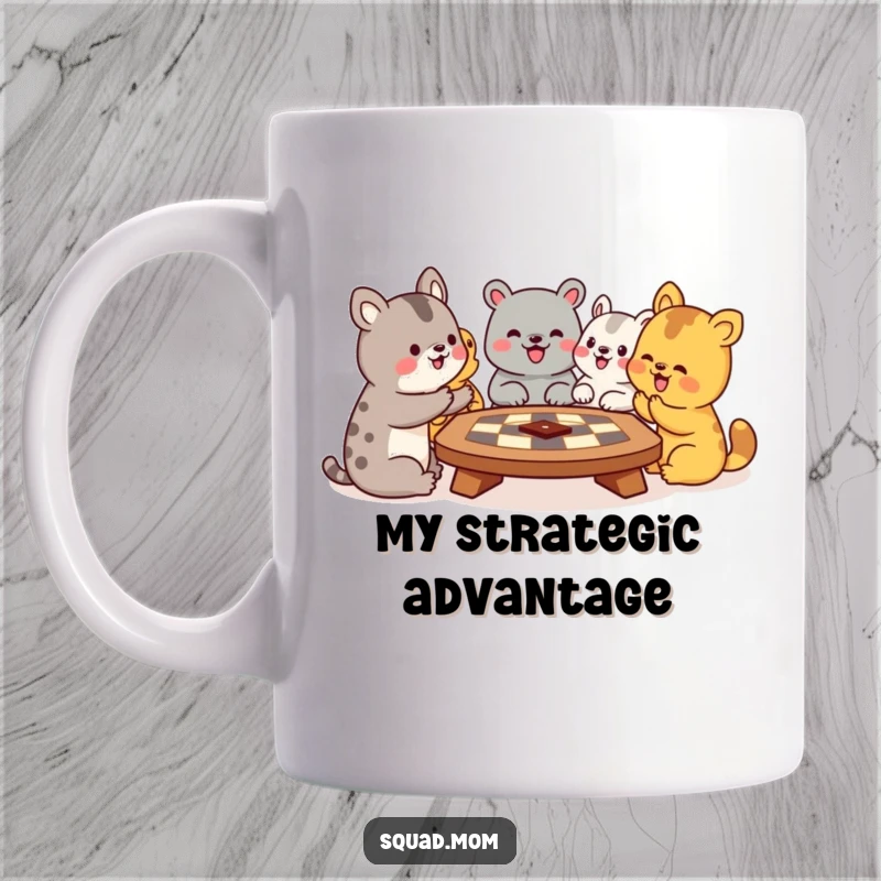 Funny mug showing diverse animal friends intensely playing a board game with exaggerated, joyful gestures, celebrating friendship and fun.