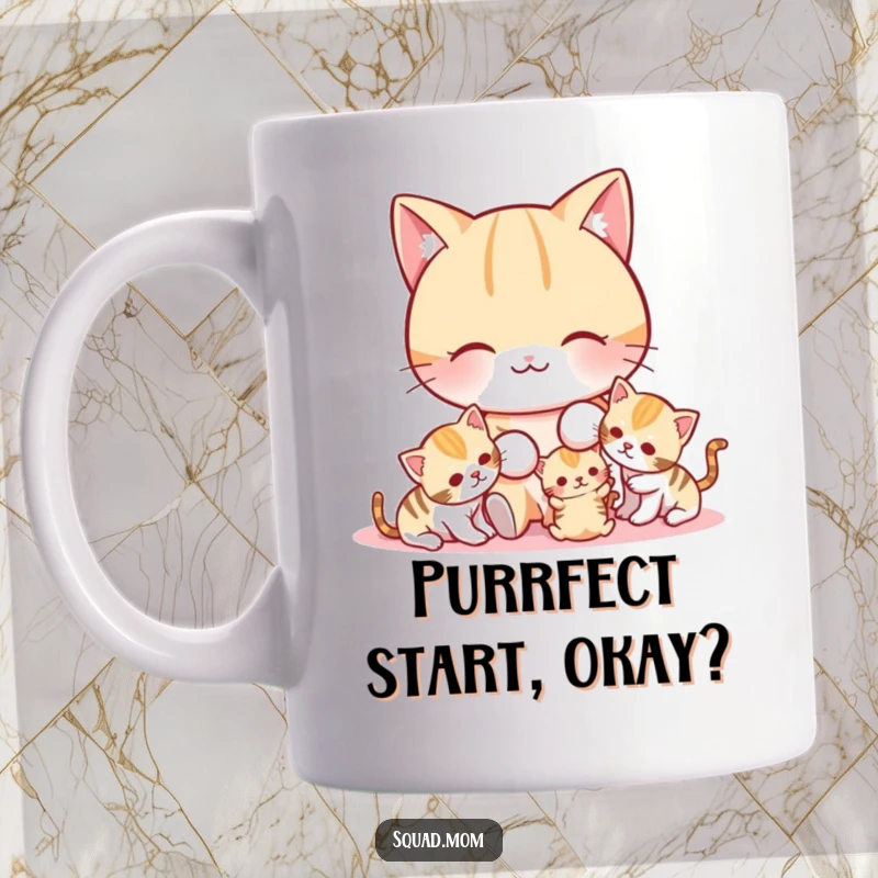 Funny cat mom character playing energetically with her adorable kittens on this charming mug.