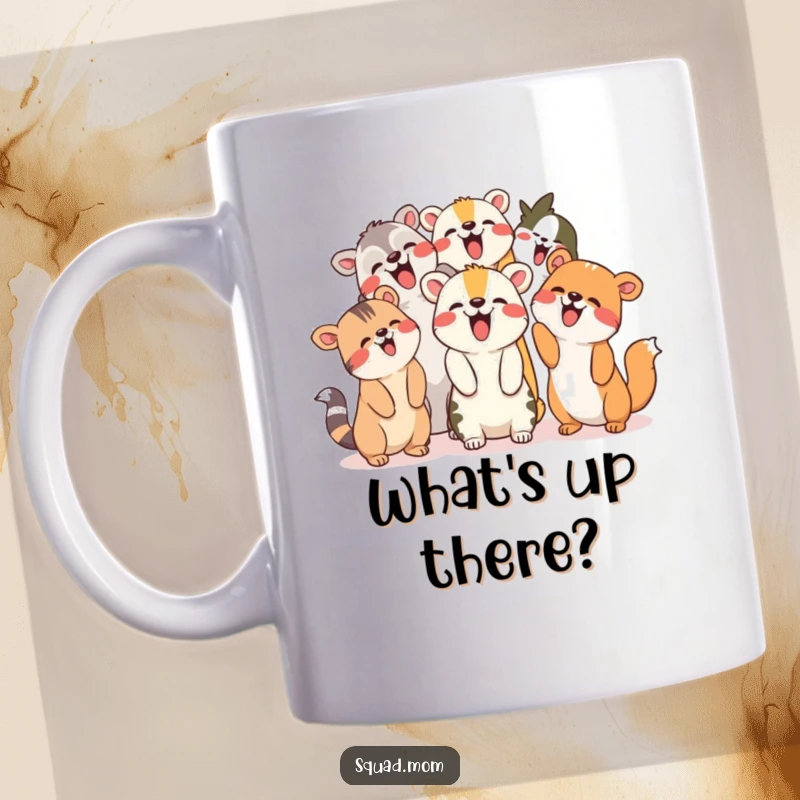 Funny Mug: A group of diverse animal friends giggling together and pointing upwards excitedly.