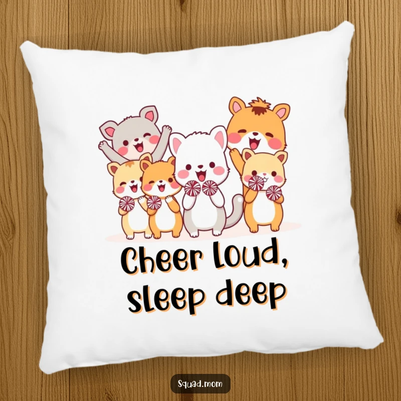 Funny pillow with a soft texture, depicting a group of cute animal friends enthusiastically cheering with tiny pom-poms, offering comfort and amusement.
