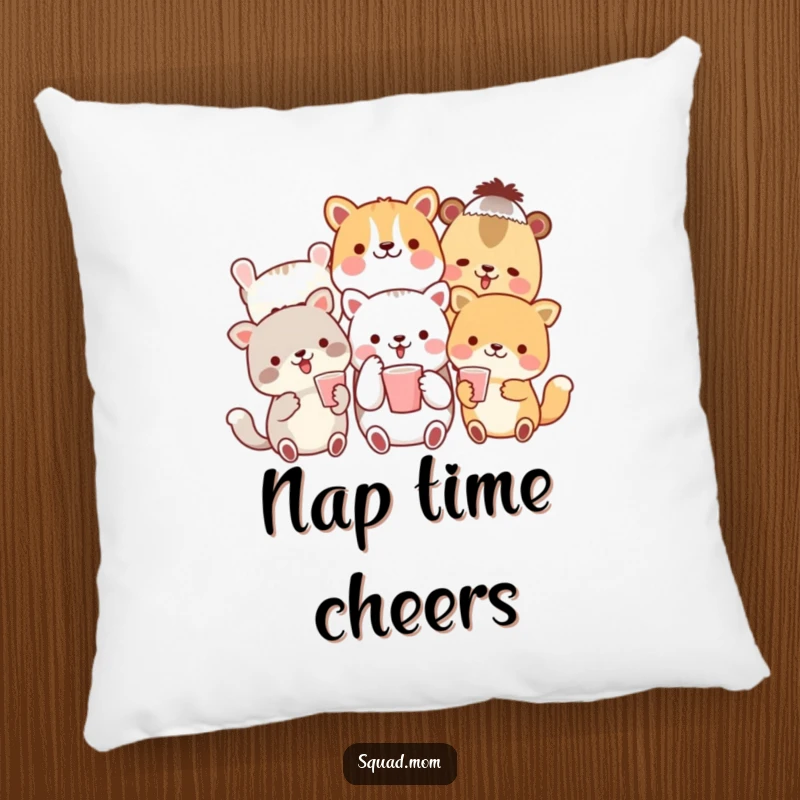 Funny pillow showing a cheerful group of animal friends toasting with small cups, offering comfort and a festive atmosphere.