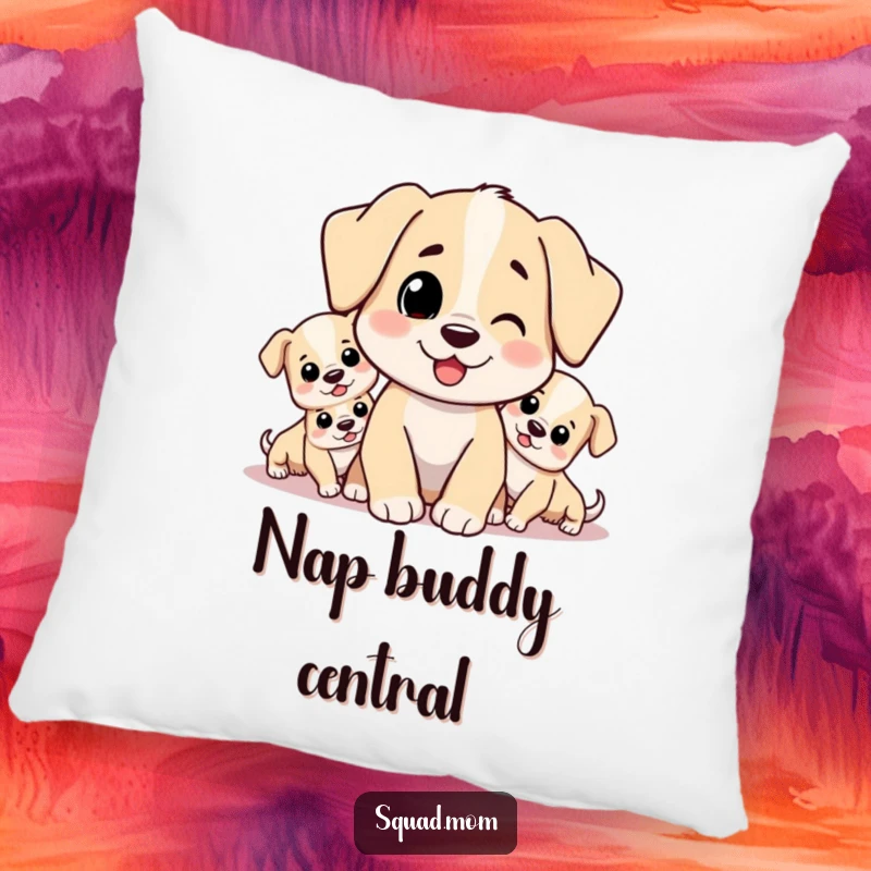 Funny pillow showing a happy dog mom character snuggling with a pile of cute, sleepy puppies. Comfortable and humorous.