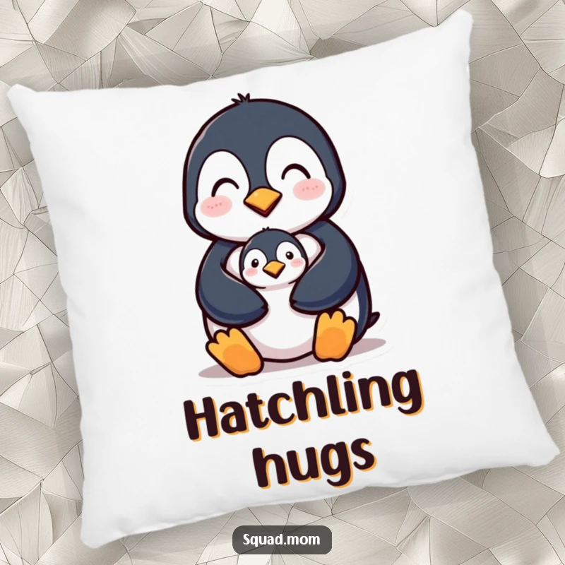 Funny pillow showing a mother penguin protectively holding her chick, offering comfort and a heartwarming visual.