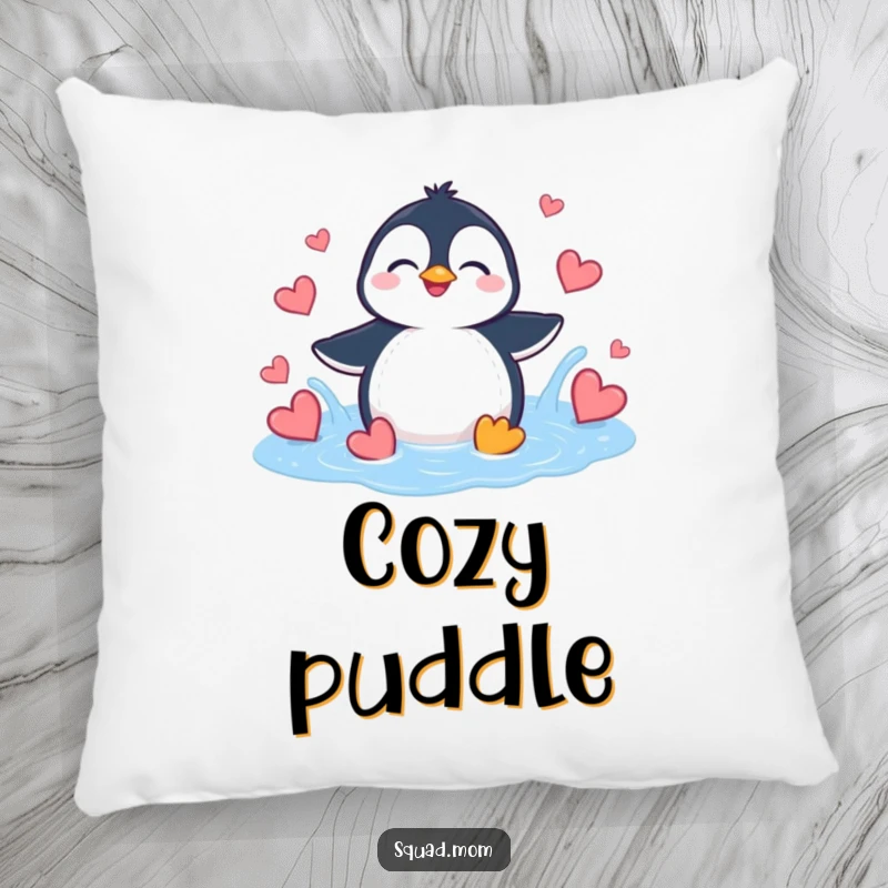 Funny Penguin Heart Splash Pillow: A giggling penguin splashes in a puddle of hearts, soft and cheerful.