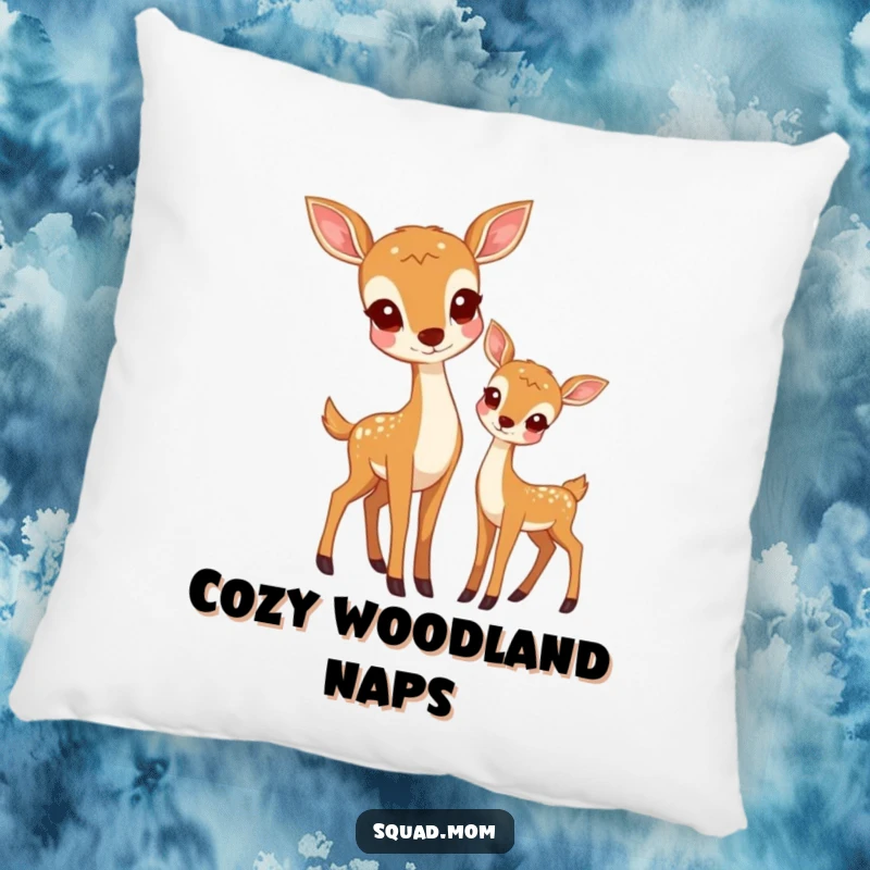 Funny pillow showing a deer mom and her fawn standing together, offering comfort and a touch of natural serenity.
