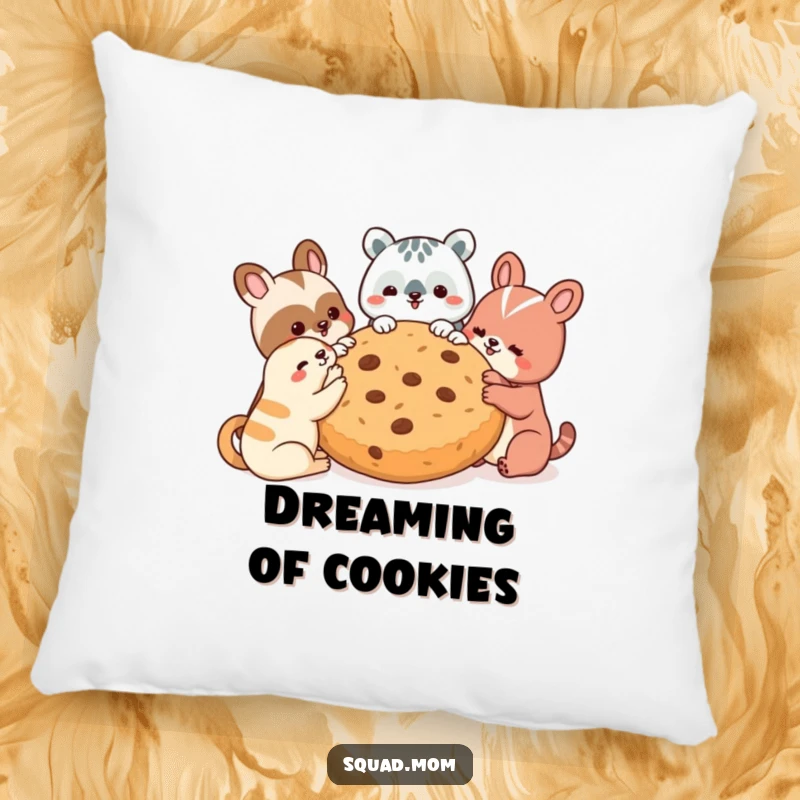 Funny pillow with fluffy animal friends snuggled around a large cookie, offering comfort and a humorous visual delight.