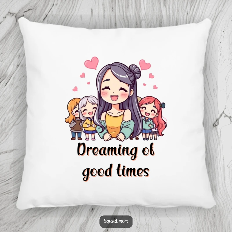 Funny Pillow: Woman smiling brightly amidst friends, soft and cozy design, a heartwarming funny gift.