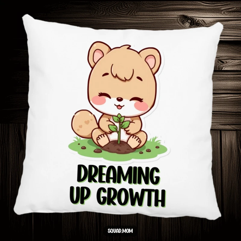 Funny pillow with a soft texture, depicting a sweet animal mom character planting a tiny seed, bringing a sense of calm and growth.