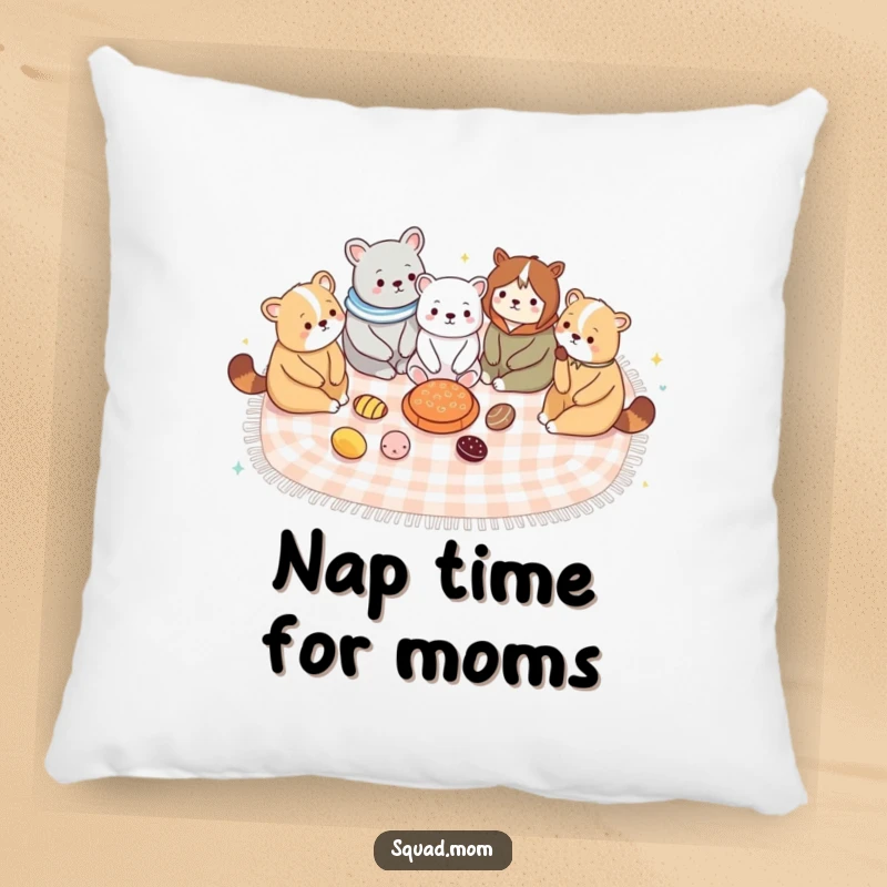 Funny pillow, cute animal moms on a picnic blanket, bringing comfort and maternal humor.