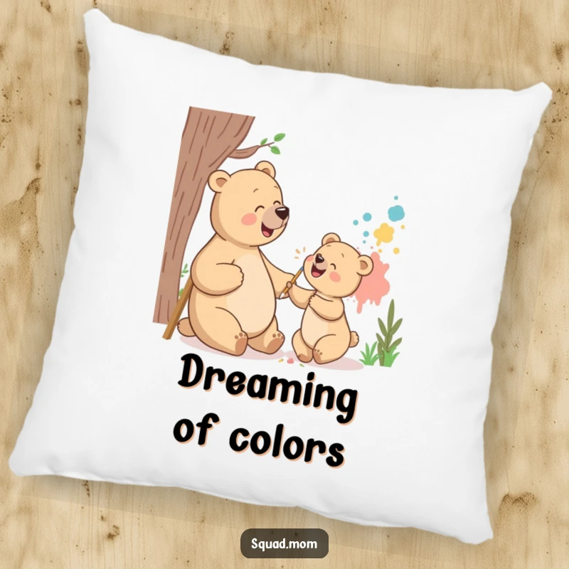 Funny bear mom and cub pillow with them giggling while painting a mural, providing comfort and a humorous touch for moms.