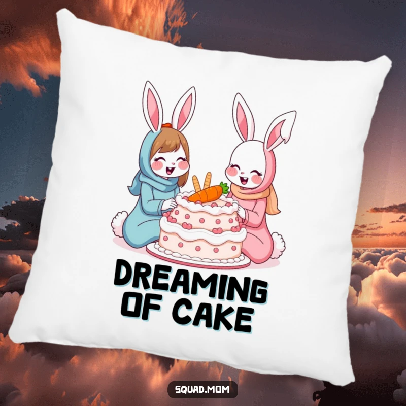 Funny bunny moms pillow with two smiling rabbits sharing a giant carrot cake, providing comfort and a humorous touch for moms.