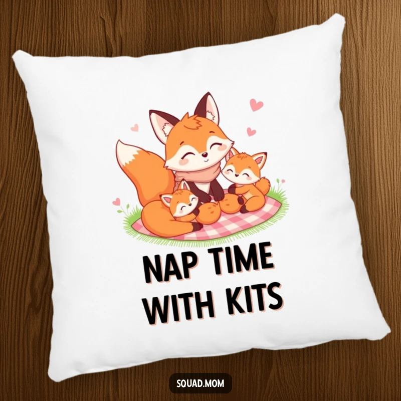 Funny Fox Mom and kits pillow showcasing a happy picnic scene, perfect for cozying up with family warmth.